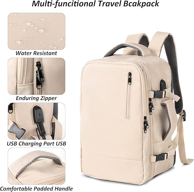 TANTOMI Travel Backpack for Women, 15.6 Inch Laptop Backpack Flight Approved, Small Carry-On Bags with USB Charging Port & Shoe Pouch, Casual Daypack on Airplane for Weekender Work Business, Beige