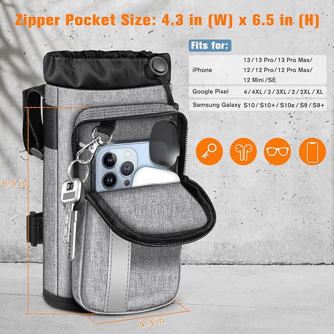 FINPAC Cup Holder for Bike, Universal Water Bottle Holder with Phone Pockets for Stroller Walker Golf Cart Rollator and Scooter, Outdoor, Biking - Gray