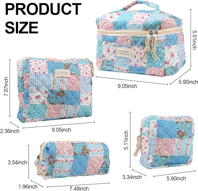 Cute Makeup Bag for Women(2 Pcs), Travel Cosmetic Bags, Quilted Coquette Aesthetic Floral Toiletry Organizer Bag (43 - Grid Rose/4PCS)