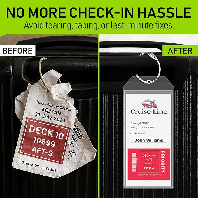Untethered Cruise Luggage Tag Holders (6 Pack, Wide) | Clear Luggage Tags for Cruise Ships | Durable PVC Travel Bag ID Tags (6.3" x 3.5")