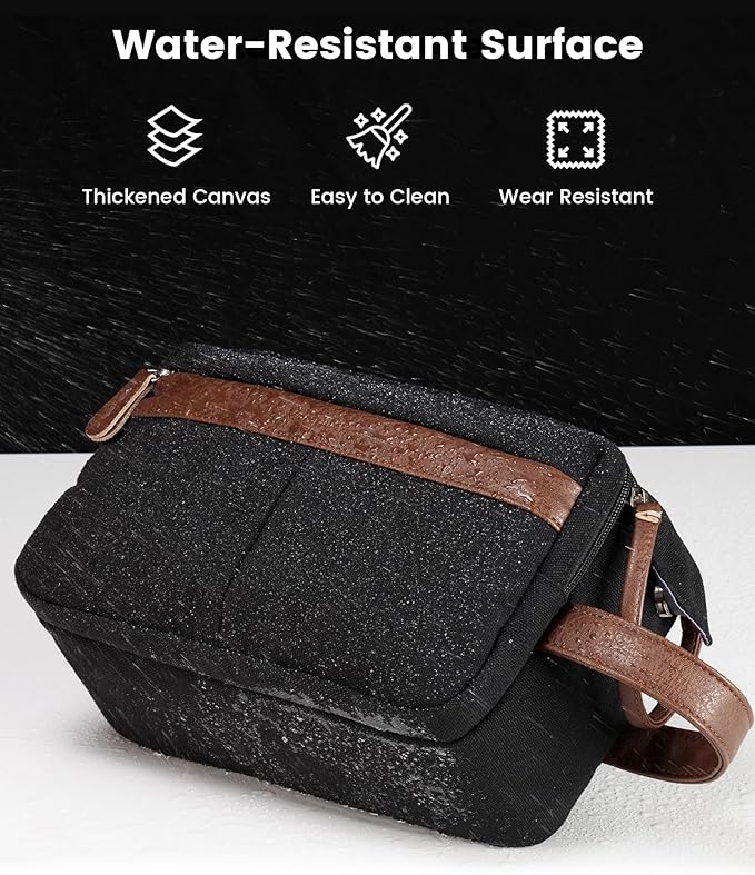 Vorspack Canvas Toiletry Bag for Men - Water Resistant Travel Bag for Toiletries, Bathroom Essentials, Accessories - Black