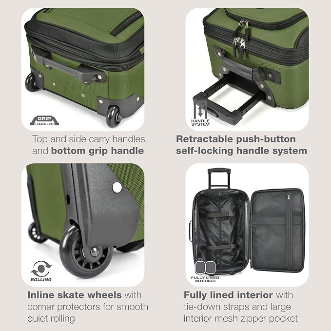 U.S. Traveler Rio Lightweight Softside Rolling Carry-on Suitcase, 2-Wheel Single, Green