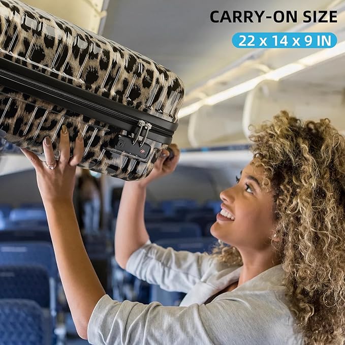 LARVENDER Luggage Sets 3 Piece, Hardside 20 IN Carry on Luggage Airline Approved PC+ABS Suitcase Set with Spinner Wheels TSA Lock, Lightweight Rolling Suitcase for Men and Women, Cheetah Print