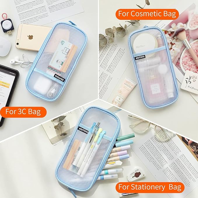 EASTHILL Grid Mesh Pen Pencil Case with Zipper Clear Makeup Color Pouch Cosmetics Bag Multi-Purpose Travel School Teen Girls Transparent Stationary Bag Office Organizer Box for Adluts(Blue)