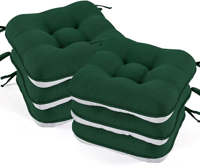 BETU Chair Cushions for Dining Chairs Set of 6,3.5" Thick Kitchen Table Chair Pads with Ties,Non Slip Backing and Covers, Seat Cushion for Dining Room,Bar,Patio Chairs,16"X16"X3.5",Dark Green