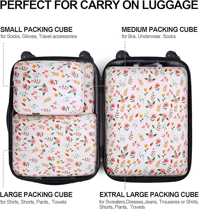 Gonex Compression Packing Cubes, 4pcs Expandable Storage Travel Luggage Bags Organizers (Floral Pink)