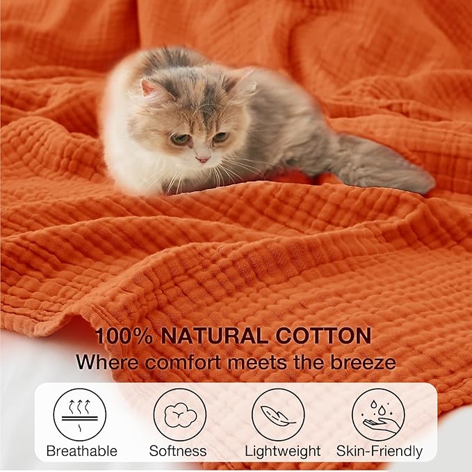 100% Cotton Muslin Blanket King 108" x 90", 6 Layers Breathable and Lightweight Cotton Throw Blankets for Bed, Soft Cooling Summer Gauze Blanket for Adults All Season, Orange