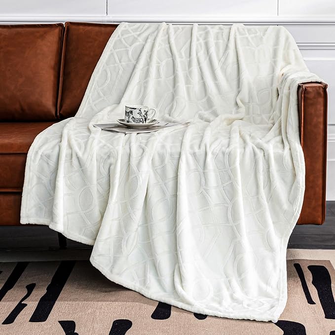 Soft Cozy Fleece Twin Blanket, 60x80 Inches – Lightweight Plush Blanket for Couch, Fuzzy 3D Jacquard Design, for Sofa, Bed & Travel - Ivory White