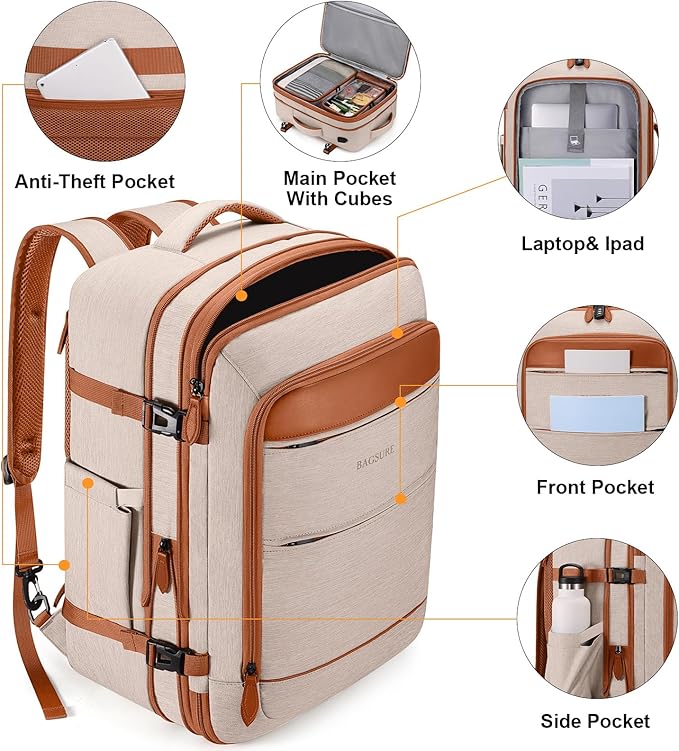 Bagsure Travel Backpack Carry On Backpack 42L Flight Approved, Expandable Laptop Backpack with Packing Cubes & Shoe Pocket, Water Resistant Luggage Backpack for Men Women, Large Backpack 20 * 14 * 7"