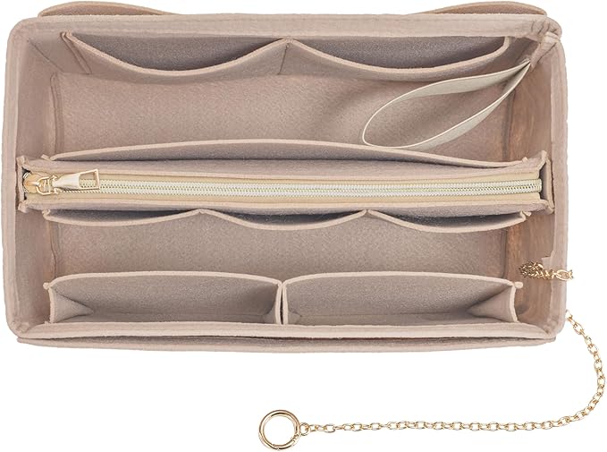 Purse Organizer Insert, Handbag Organizer with Zipper, Tote Shaper with Cup Holder & Keychain, Compatible with LV, Neverfull, MK, COACH, Longchamp, Kate Spade – Khaki-Med