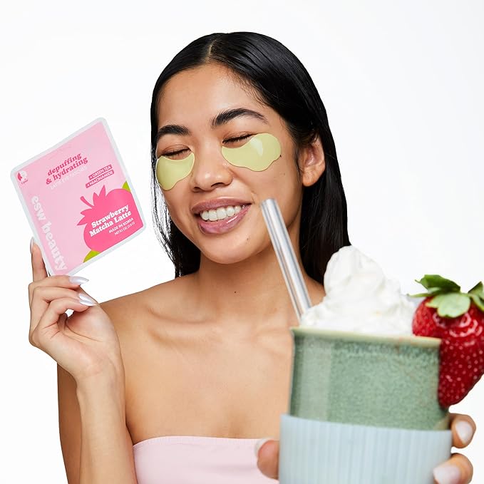 ESW Beauty Strawberry Matcha Latte Under Eye Patches (5-Pack) – Depuffing & Hydrating – Vegan Hydrogel with Green Tea for Refreshing, Nourished Under Eyes