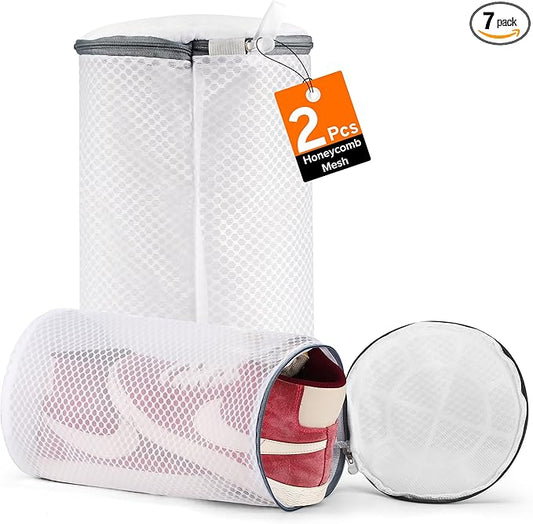 2 Pack 2 Size Large Shoe Washing Machine Bag, Durable Honeycomb Mesh Laundry Bag with Zipper for Sneakers, Running Shoes, Sock, Bras, Delicates and Toys