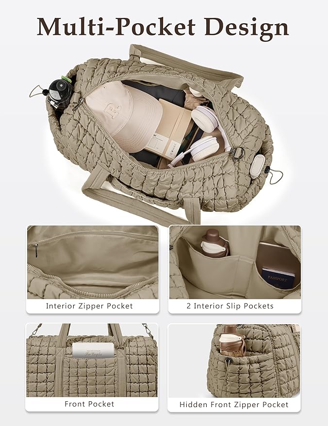 Quilted Travel Duffle Bag for Women Medium Weekender Bag Puffer Overnight Bag Large Soft Puffy Duffel Bag Carry-On Gym Bag Lightweight Personal Item Travel Bag for Trips Business Sport Airplane