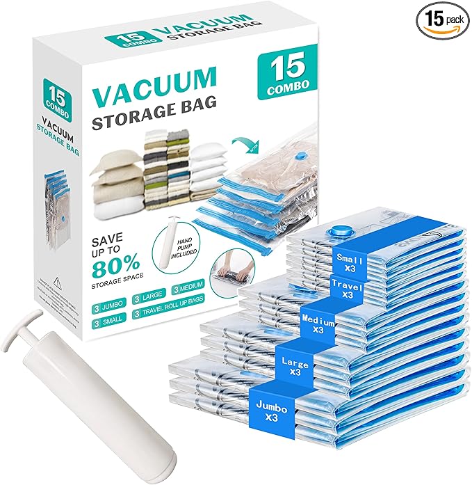 15 Pack Vacuum Seal Bags for Clothing &Travel, Space Saver Vacuum Storage Bags for Blankets,Luggage,Clothes,Comforter, Hand Pump Included (3 Jumbo,3 Large,3 Medium,3 Small,3 Roll）