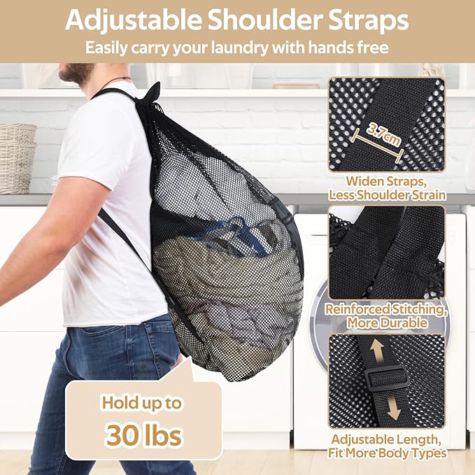 OTraki Mesh Laundry Bags 36 x 28 Inch Extra Large Travel Laundry Bag Backpack Heavy Duty Drawstring Dirty Clothes Laundry Mesh Wash Bag with Shoulder Straps Don't Drying, Melting 140-176℉ Black