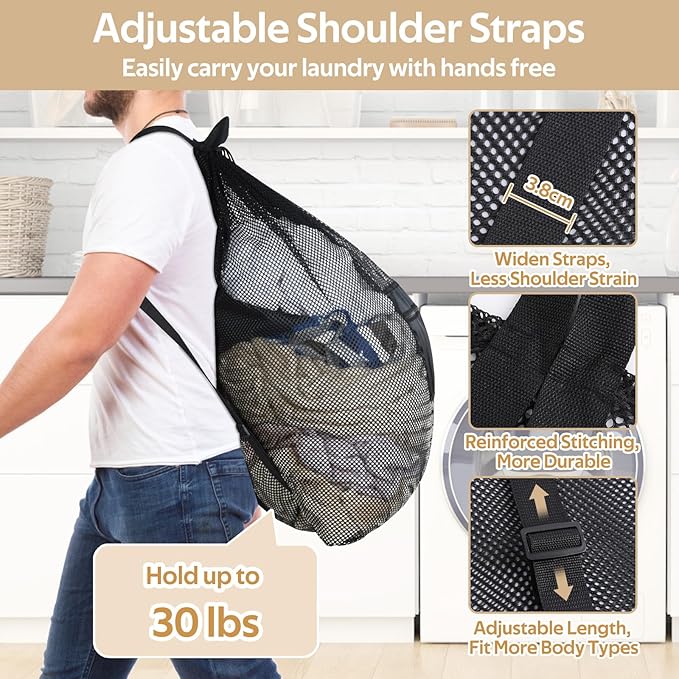OTraki Mesh Laundry Bag Backpack 24x32 Inch Gym Drawstring Backpack Travel Dirty Clothes Bags with Pocket & Adjustable Shoulder Straps for College Dorm Apartment Don't Drying, Melting 140-176℉ (Black)