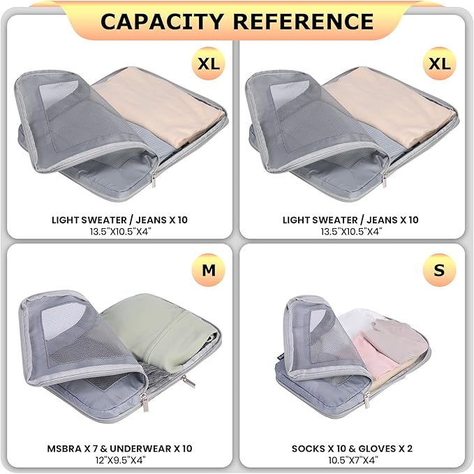 4 Set Ultralight Compression Packing Cubes Travel for Suitcases ，Compressible Mesh Packing Cubes for Travel Women Packing Organizers (Gray)