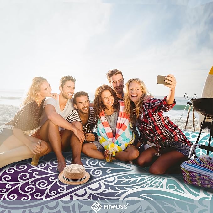 Beach Blanket Waterproof Sandproof Oversized 95”x 80”,Sand Free Beach Mat with Corner Pockets,Portable Mesh Bag for Beach Festival,Picnic,Travel and Outdoor Camping (Ombre Purple Blue)