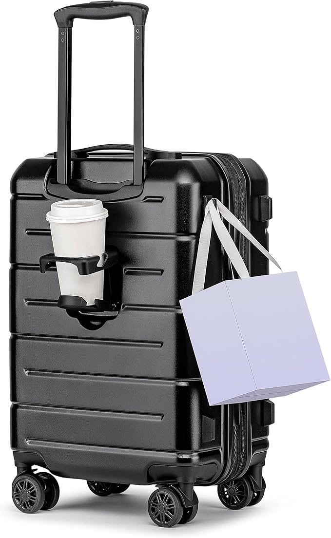 KYME Carry On Luggage 22x14x9 Airline Approved Expandable Hardshell 20 Inch Luggage with TSA Lock Carry-On Suitcase with Wheels Small Travel Rolling Luggage with Cup Holder Black