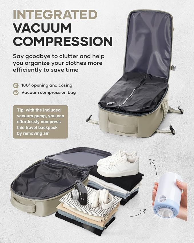 Vacuum Travel Backpack with Pump for Women,Personal Item Carry on Backpacks Flight Approved 18x14x8 inches for Men,Laptop Waterproof Work Compression bags Casual Daypack GreyBrown