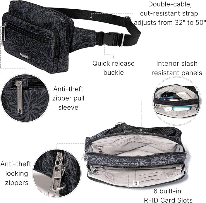 Baggallini Securtex Anti-theft Belt Bag 8.8"x5.5" Crossbody Fanny Pack for Women RFID Wallet Locking Zipper Travel Purse