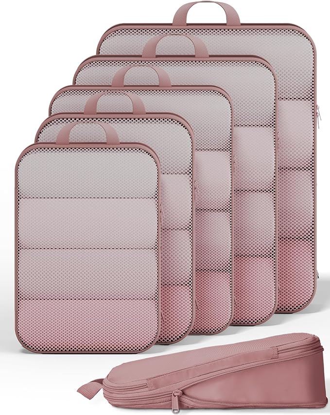 Veken 6/9/11 Set Compression Packing Cubes for Travel Essentials,Compressible Expandable Large Luggage Suitcase Organizer Bags for Clothing,Durable Space Saver Storage Bags(Light Coral)