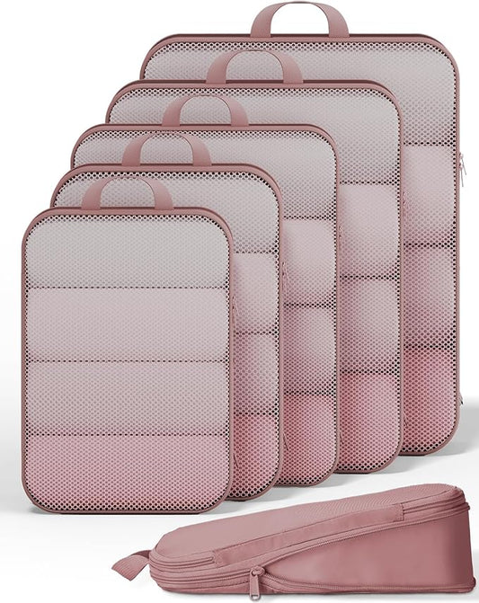 Veken 6/9/11 Set Compression Packing Cubes for Travel Essentials,Compressible Expandable Large Luggage Suitcase Organizer Bags for Clothing,Durable Space Saver Storage Bags(Light Coral)