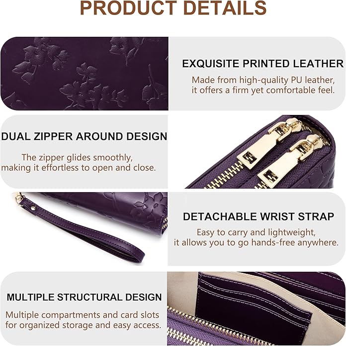 yiijay Womens Wallet RFID Blocking Large Capacity Vegan Leather Double Zip Wristlet Wallet Card Holder Travel Ladies Clutch