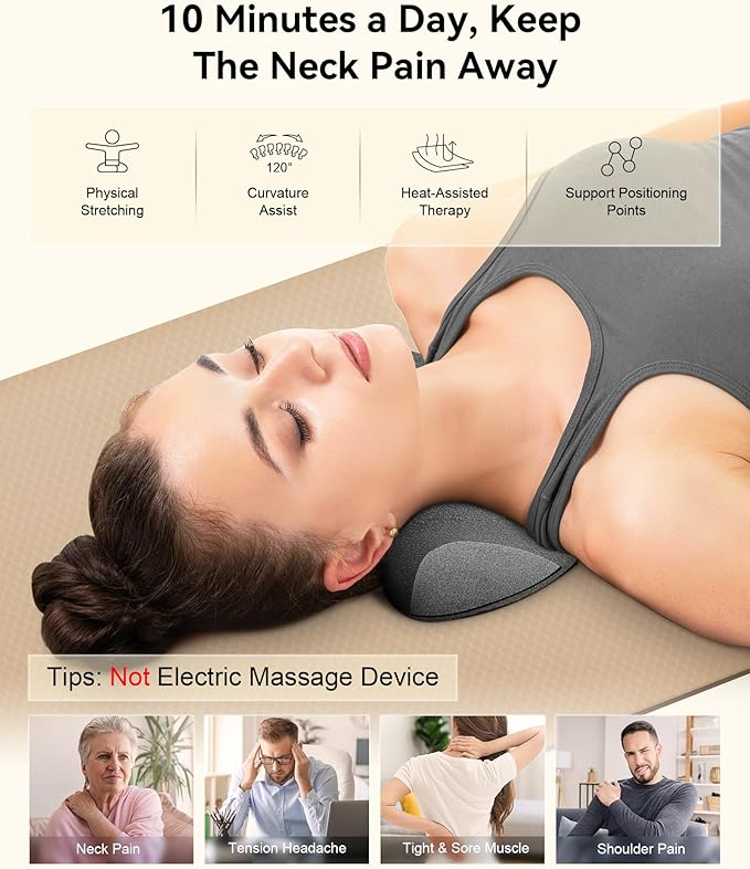Heated Neck Stretcher for Pain Relief - Neck and Shoulder Relaxer Graphene Heated Cervical Traction Device Neck Pillow Corrector Chiropractic for TMJ Pain Relief and Cervical Spine Alignment Grey