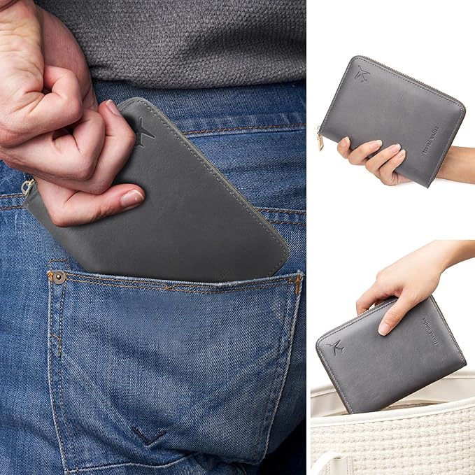 defway Passport Holder Travel Wallet - RFID Blocking Passport Holder Wallet, Full Zip Travel Card Cover with RFID Protection, Multi Slot Organizer for Cards Cash Documents Travel Essentials (Grey)