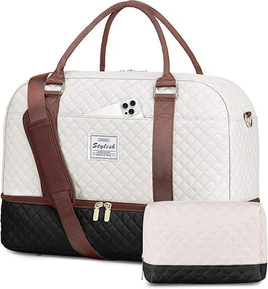 Travel Duffle Bags for Women - Overnight Weekender Bags With Toiletry Bag Carry On Duffel Bags with Shoe Compartment Hospital Bag with Wet Pocket for Labor Delivery Black Brown