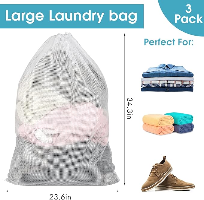 3 Pack Mesh Laundry Bags, 23 x 34 Inches Heavy Duty Mesh Laundry Bag, Large Laundry Drawstring Bag for College, Dorm, Travel, Family and Apartment Dwellers, White
