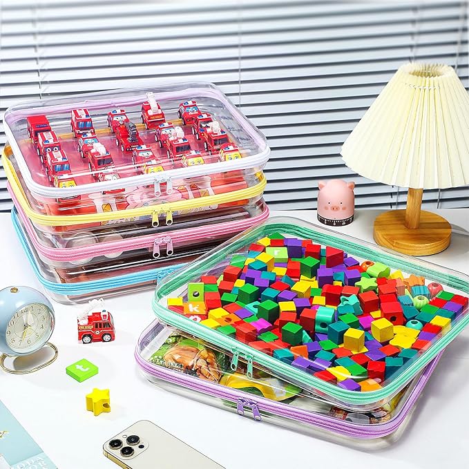 Sanwuta 6 Pcs Clear Hard Zipper Case Plastic Zipper Pouches Transparent Makeup Bag Pencil Case Pouches Toiletry Diaper Bag for Travel Toy Storage Organizer Bins(Assorted Color,13.78 x 11.81 x 2 Inch)