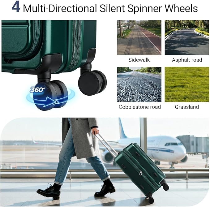 Carry On Luggage with Top Opening, Expandable with Front Pocket and USB Charging Port, Lightweight with Front Compartment Rolling Suitcases with Spinner Wheels (Dark Green, 20 Inch)