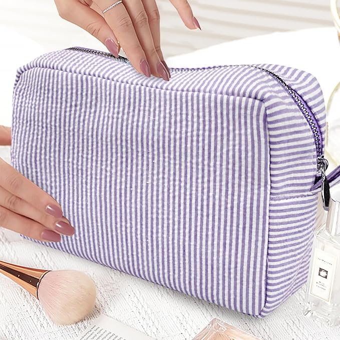 GFU Cosmetic Bags for Women, Seersucker Cosmetic Bag, Travel Toiletry Stripe Makeup Bag, Large Women Aesthetic Organizer Storage Pouch, Girls Handbags Purses,Purple