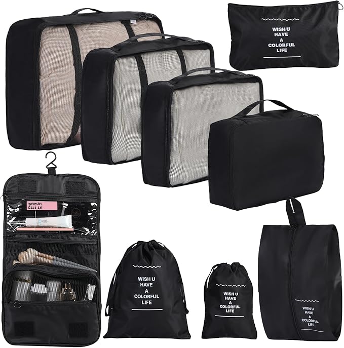 9 Set Packing Cubes for Travel Essentials, Suitcase Organizer Bags for Airplane Road Trip Camp - Black