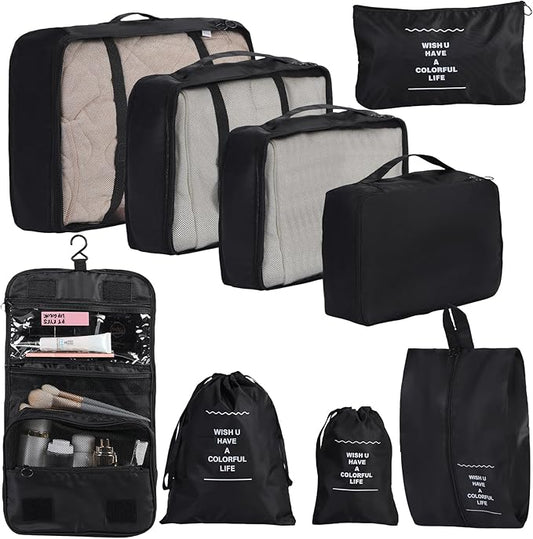 9 Set Packing Cubes for Travel Essentials, Suitcase Organizer Bags for Airplane Road Trip Camp - Black