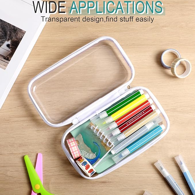 Sanwuta 6 Pcs Clear Hard Zipper Case Plastic Zipper Pouches Transparent Makeup Bag Pencil Case Pouches Toiletry Diaper Bag for Travel Toy Storage Organizer Bins(White,7.48 x 3.94 x 2 Inch)