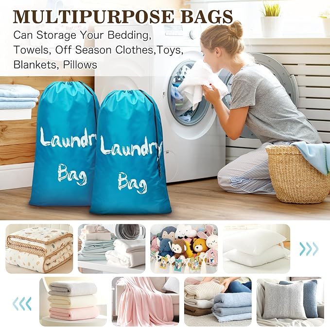 2Pcs XL Travel Laundry Bag for Dirty Clothes, Extra Large Heavy Duty Organizer with Drawstring, Cruise Ship Camping Travel Road Trip Vacation Essentials Must Haves 2024 for Kids Girl (Blue + Blue)