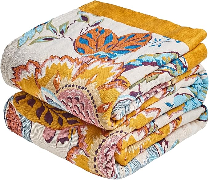MSGKV Boho Throw Blanket 50"x60" Floral Cotton Blanket for Couch Sofa Spring Breathable Lightweight Farmhouse Blankets Home Decor Muslin All Seasons