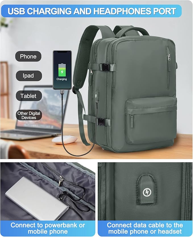 VGCUB Large Travel Backpack Bag for Women Men,Carry on Backpack,17 Inch Laptop Business Work Waterproof Backpack with Laptop Compartment,Person Item Flight Approved,Mochila de Viaje,Green Expandable