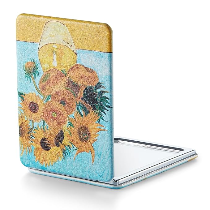 OMIRO Compact Mirror, Unique Painting PU Leather 1X/3X Magnification, Ultra Portable for Purses, 2.4" W x 3.4" L (Sunflowers)