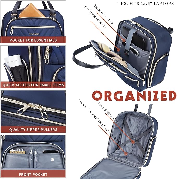 KROSER Carry On Underseat Multi-functional, 16-inch Underseater Lightweight Overnight Suitcase for Men Women, Navy/Gold