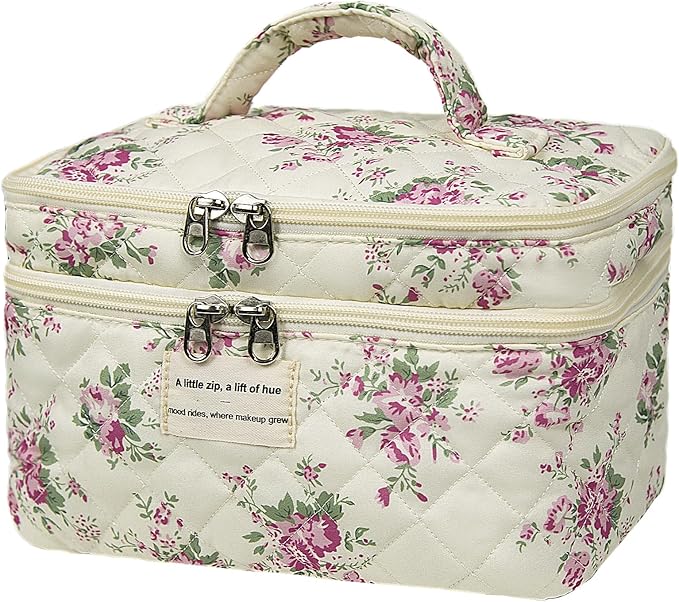 Large Quilted Makeup Bag, Large Floral Cosmetic Bag for Women, Cute Cotton Makeup Bags, Flower Travel Toiletry Organizer Bag (Pink Flowers)