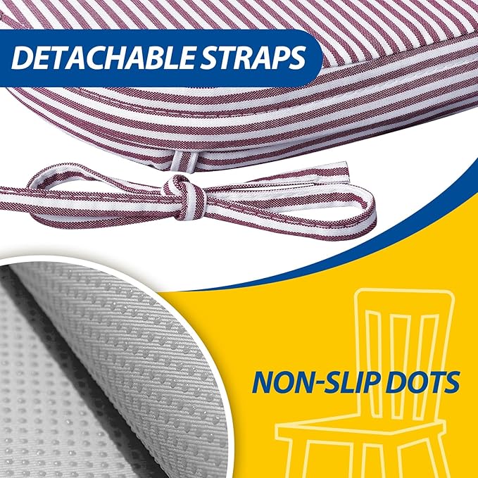 AAAAAcessories D-Shaped Chair Cushions, 2" Thick Dining Chair Pads with Ties and Removable, Machine-Washable Cover, 17" x 16", Set of 8, Pinstripe Red