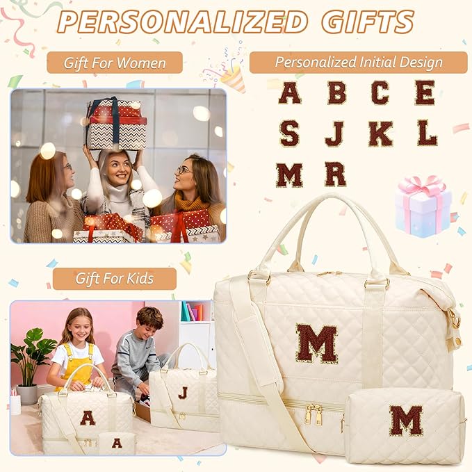 Gifts for Women Initial Travel Duffle Bag Quilted Weekender Bags Carry-On Overnight with Cosmetic Bag, Gym Bag with Shoe Compartment Hospital Bag for Women Labor Delivery, Beige-M