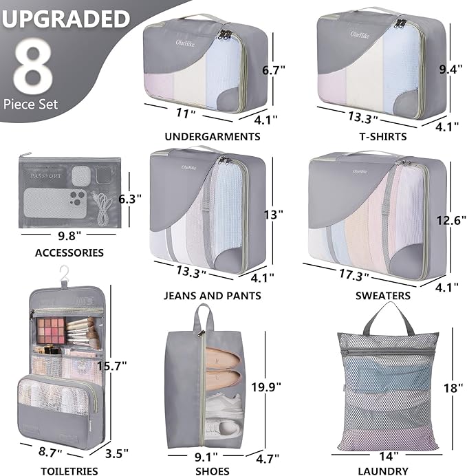 8 Set Packing Cubes for Travel, Gifts for Women Mom,Anti-Tearing Suitcase Organizer for Luggage with Shoe & Hanging Toiletry Bag,OlarHike Vacation Essentials & Accessories for Cruise Ship