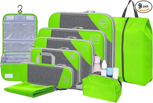 9-Set Packing Cubes with Hanging Bag | 9-Size Combination, Mesh Fabric & Reflective Stripe | Travel Luggage Organizers (Green)