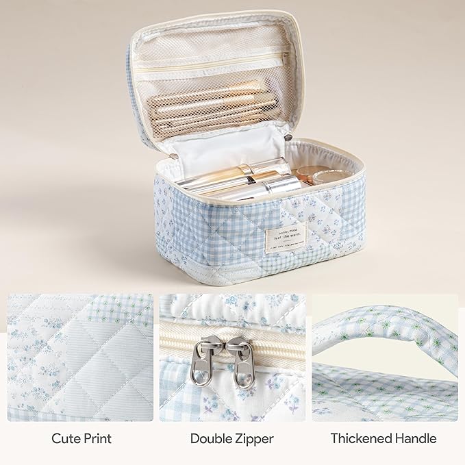 HBselect Quilted Makeup Bag, 3PCS Cotton Large Travel Makeup Bag, Cute Floral Coquette Make up Bag Cosmetic Bag Toiletry Bag for Women Girls