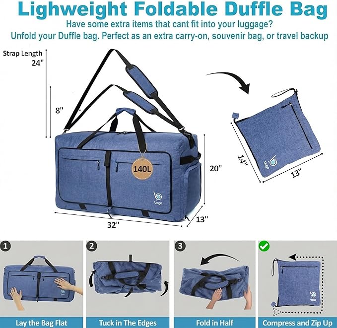 Bago Extra Large Duffle Bag for Travel Women & Men. Durable, Lightweight, Foldable Travel Duffel Bags For Traveling Women. 140L Duffle Bags Use As a Weekender Bag with Shoe Compartment, Checked Duffel